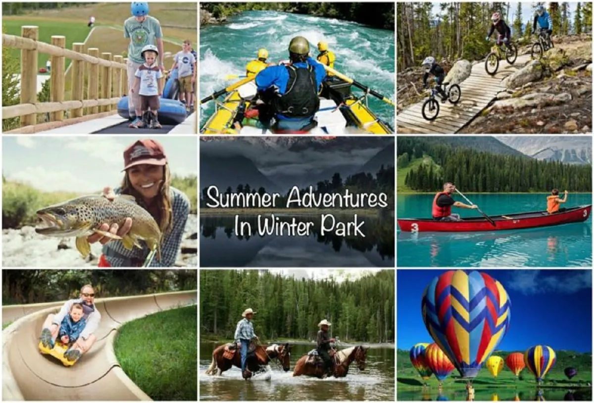 An outdoor panorama bustling with activity: families kayak on a sparkling lake, children giggle down a water slide, hot air balloons float overhead, and groups bike and fish in a natural setting. Multiple generations are engaged in various adventures, all set against a stunning backdrop.