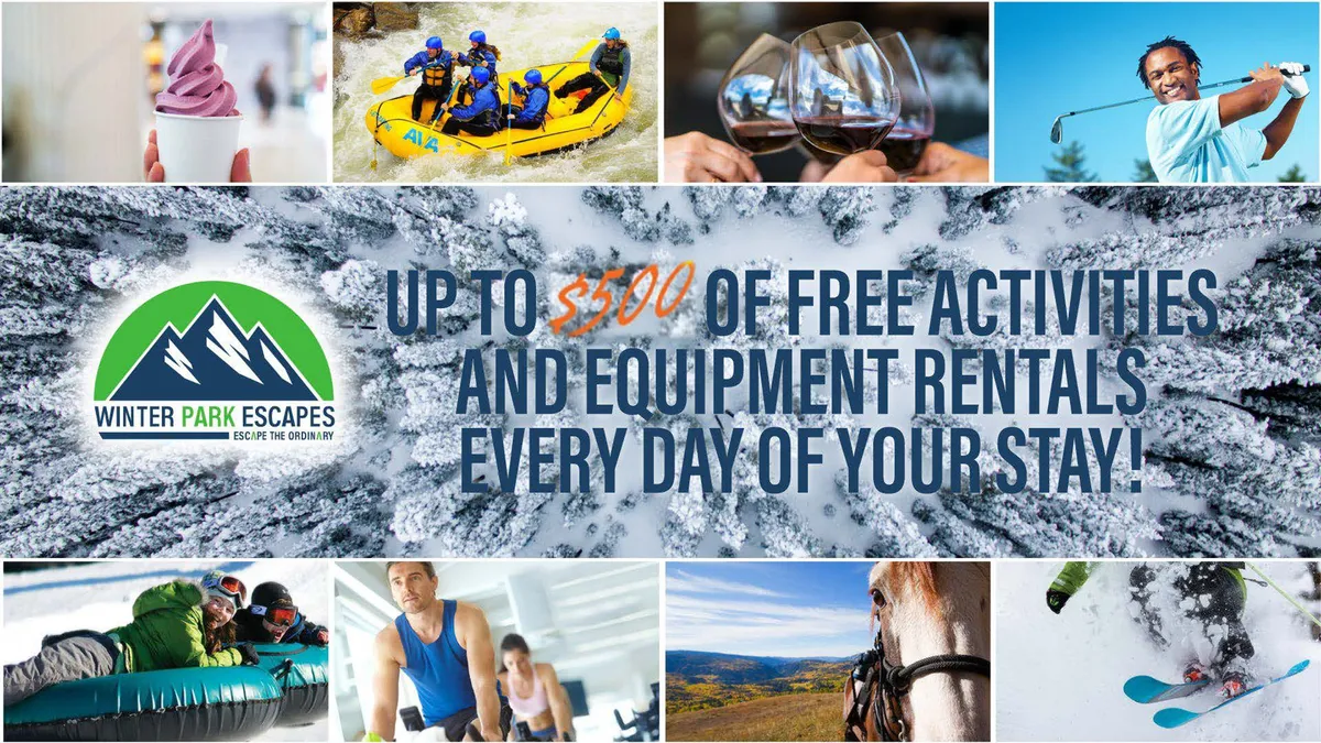 This lively exterior collage captures a family enjoying ice cream, a group rafting down a river, a couple toasting with wine glasses, people skiing and snowboarding, golfing, and horseback riding—all set against beautiful outdoor backdrops. The composite action shots evoke a sense of excitement and variety in mountain activities available year-round.